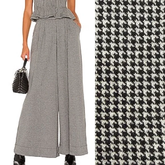 Free People Josie Houndstooth Wide Leg Pants Trousers Black White High Rise Boho